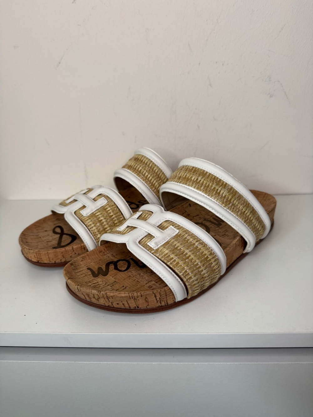 Sam Edelman White Natural Raffia Cork Slide Sandals Womens Summer Resort - Picture 2 of 11